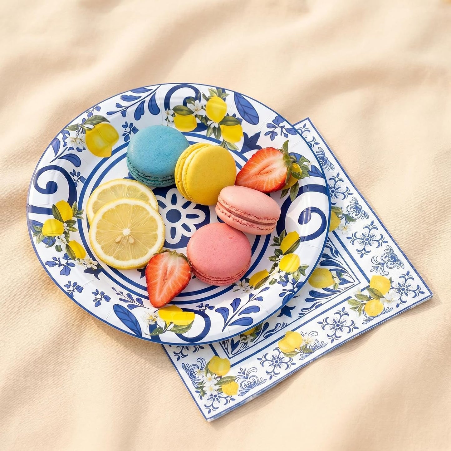 50 Pcs Lemon Plates and Napkins Set, 7 Inch Blue Tiles Yellow Lemon Paper Plates Napkins Disposable Tableware Supplies for Summer Picnic Baby Shower Lemon Birthday Party Decorations