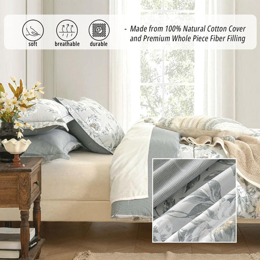 LEMIROE Floral Cotton Comforter Queen Size - Light Grey Comforter Printed with Vintage Ivory Flowers & Dark Yellow Stamens,Reversible Lightweight Bedding Sets 3Pcs(90"Γ90")