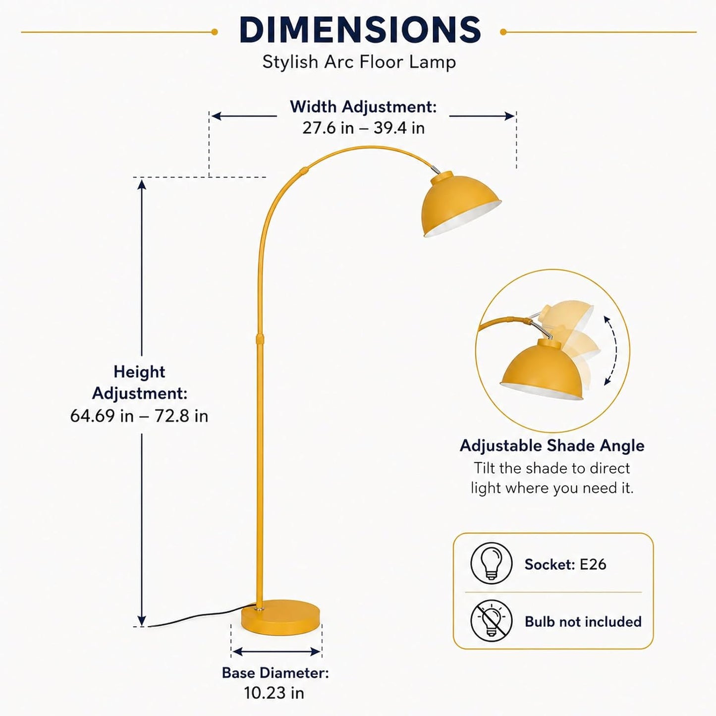 64 in Yellow Arc Floor Lamp for Living Room,Dome M | Flexible Lighting,Stable Metal Base,Foot Switch Control,Modern Style,3000K Warm Cozy Glow,Suit for Bedroom,Over Couch