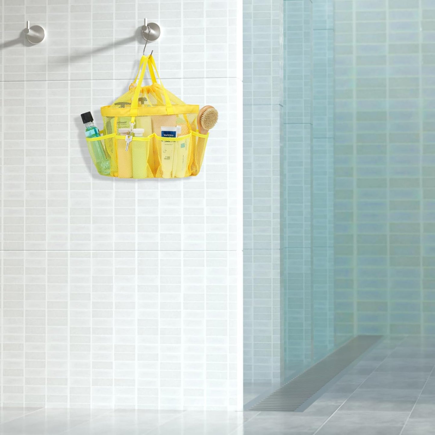 Mesh Shower Caddy Portable with Drawstring - 2-Handle Shower Bag for Dorm | 8 Deep Pockets, S-Hook, Quick-Dry Mesh, College Dorm Room Essentials for Girls, Camping, Gym, Travel, Yellow