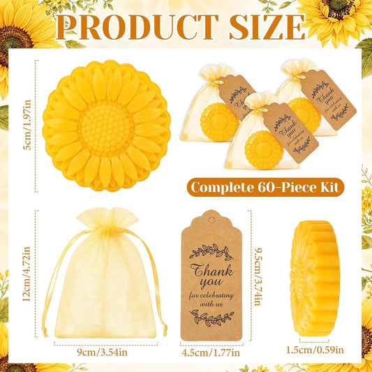 60 Set Mini Sunflower Soaps Favors Bulk for Wedding Guest Gifts | Scented Flower Soap with Yellow Organza Bags Thank You Tags for Bridal Baby Shower Birthday Party Return Gift Decorations