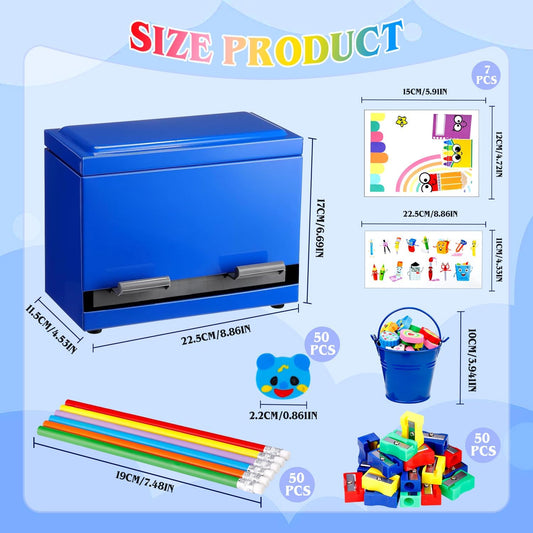 159Pcs Pencil Dispenser for Classroom,Pencil Dispenser Kit with Pencils Sharpener Erasers Stickers Metal Bucket,Pen Holder for Desk Classroom Teacher Must Haves Office Supplies(Yellow)