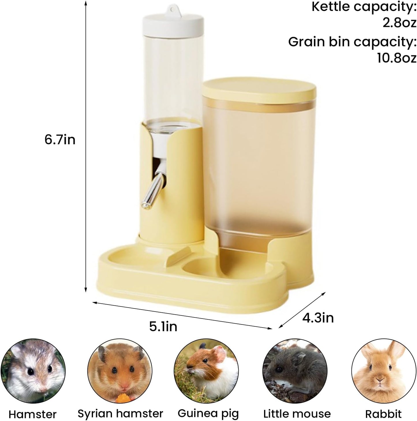 2 in 1 Hamster Water Bottle, Automatic Feeder, No Drip Small Animal Water Dispenser Food Bowl for Syrian Dwarf Hamsters, Gerbils, Mouse, Hedgehog, Hamster Cage Accessories (Yellow)
