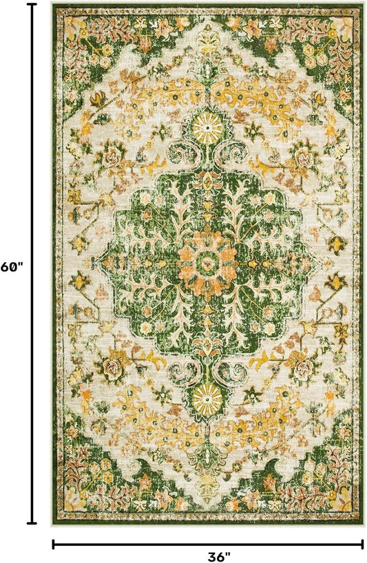 Reine Bohemian Floral Medallion Area Rug - 3x5 Soft Rug for Bedroom Living Room Mat, Cute Washable Indoor Floor Throw Carpet for Office Entry Way Apartment Dressing Room RV, Yellow/Green/Multi