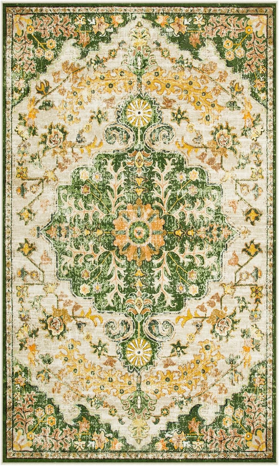 Reine Bohemian Floral Medallion Area Rug - 3x5 Soft Rug for Bedroom Living Room Mat, Cute Washable Indoor Floor Throw Carpet for Office Entry Way Apartment Dressing Room RV, Yellow/Green/Multi