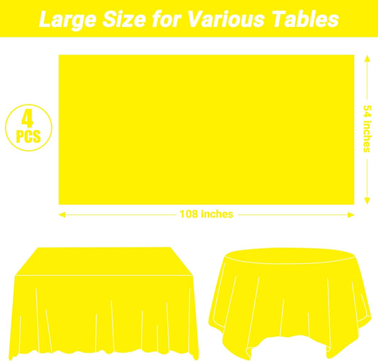 4 PCS Rectangle Tablecloth, 54 x 108 Inches Congratulations Decorations of Picnic Table Cover, Robust Yellow Table Cloth for Restaurant Party, Plastic Table Cloth of Leakproof and Waterproof