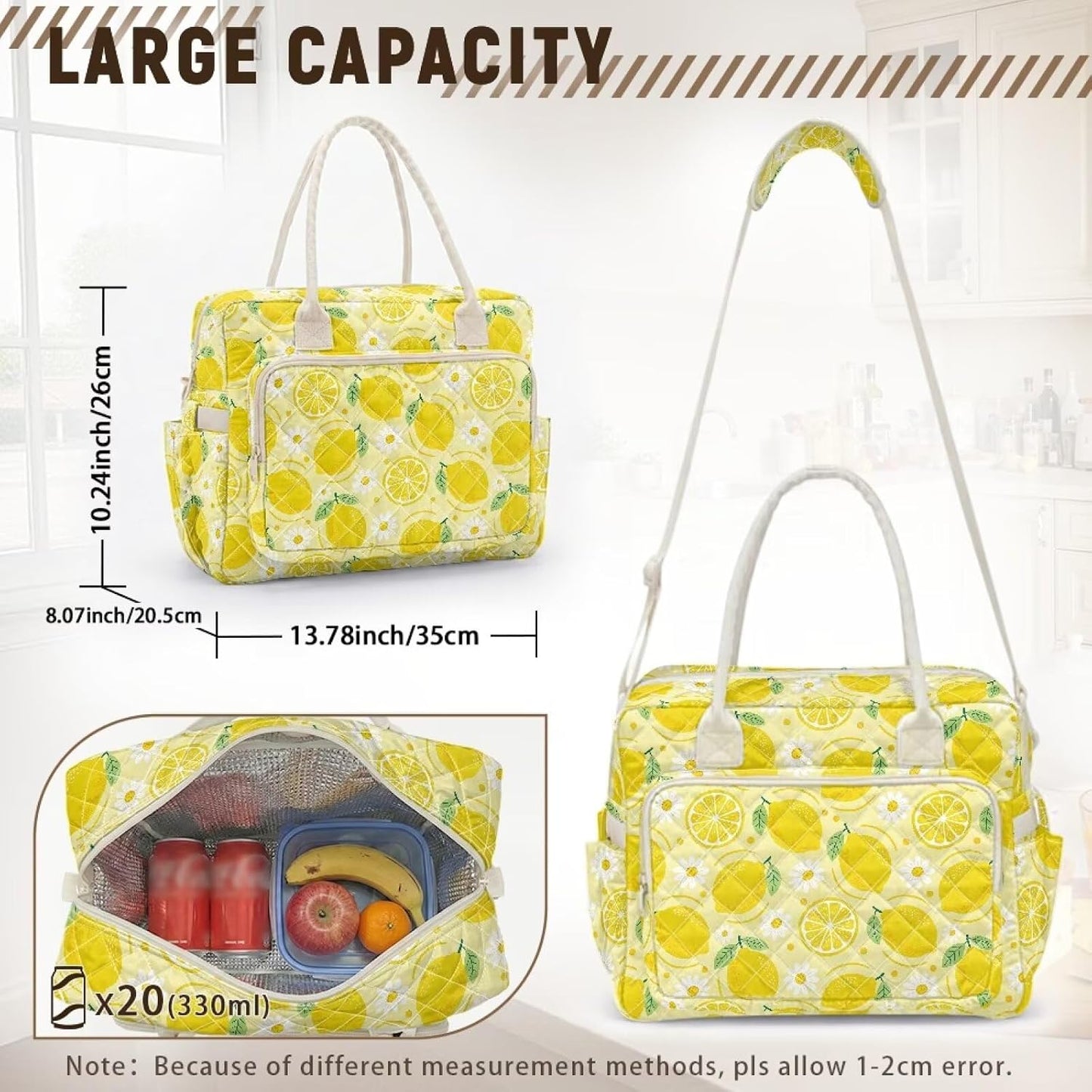 Daisy Lemon Quilted Lunch Box for Women Big Capacity Lunch Tote Bag with Bottle Holder Leakproof Insulated Sandwich Bags for Work Office Picnic Travel Camping Hiking Beach