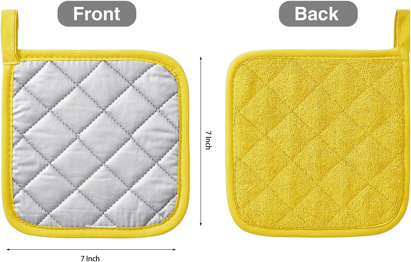 Kitchen Pot Holders Set Heat Resistant Pure Cotton Potholders Kit Trivets Large Coasters Hot Pads Terry Pot Holders for Everyday Cooking and Baking by 7 x 7 Inch (Yellow)