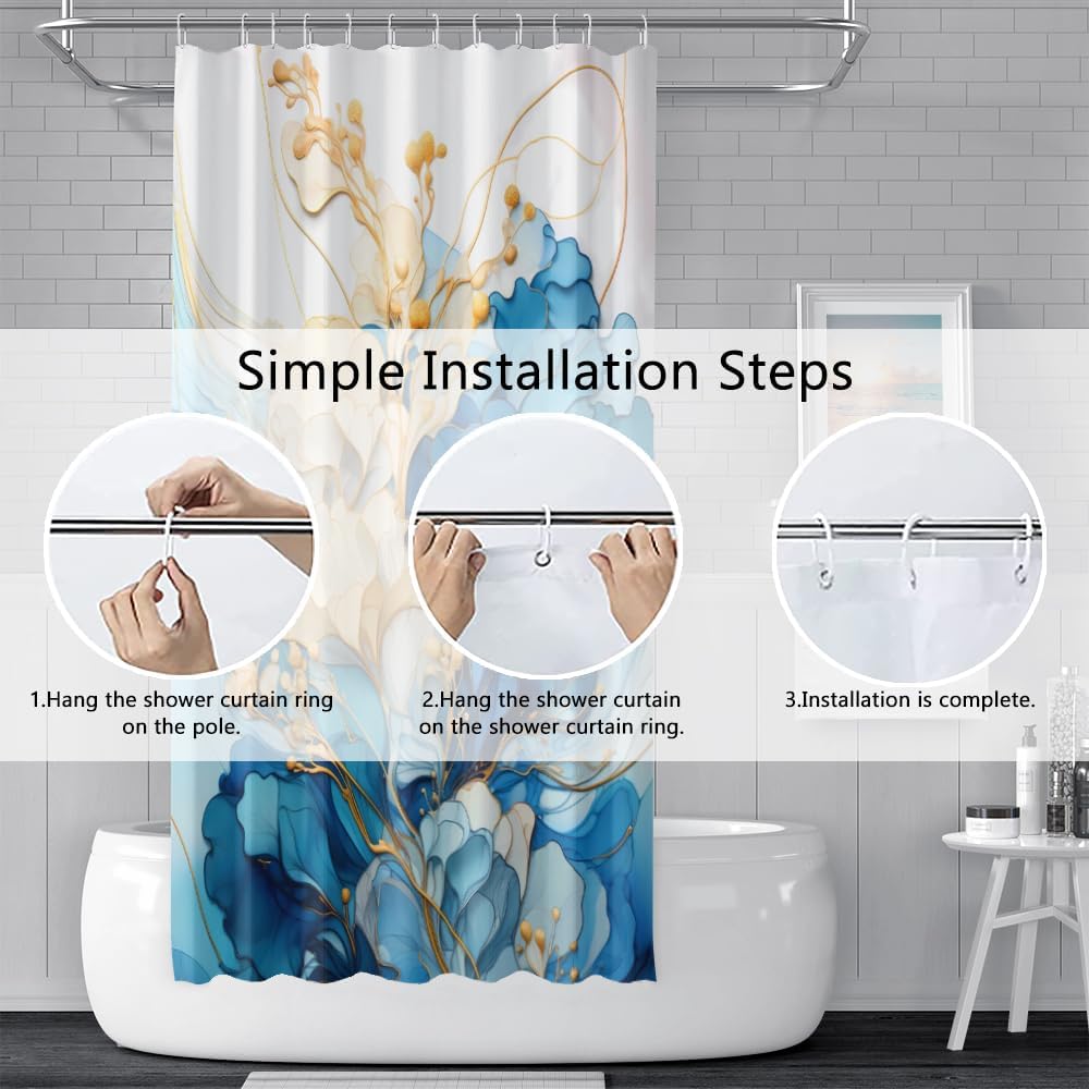 Light Blue Flowers Shower Curtain for Bathroom Navy Blue White Marble Shower Curtain Set with Hooks Abstract Yellow Floral Bathtub Decor Waterproof Fabric Curtains 72x72inches