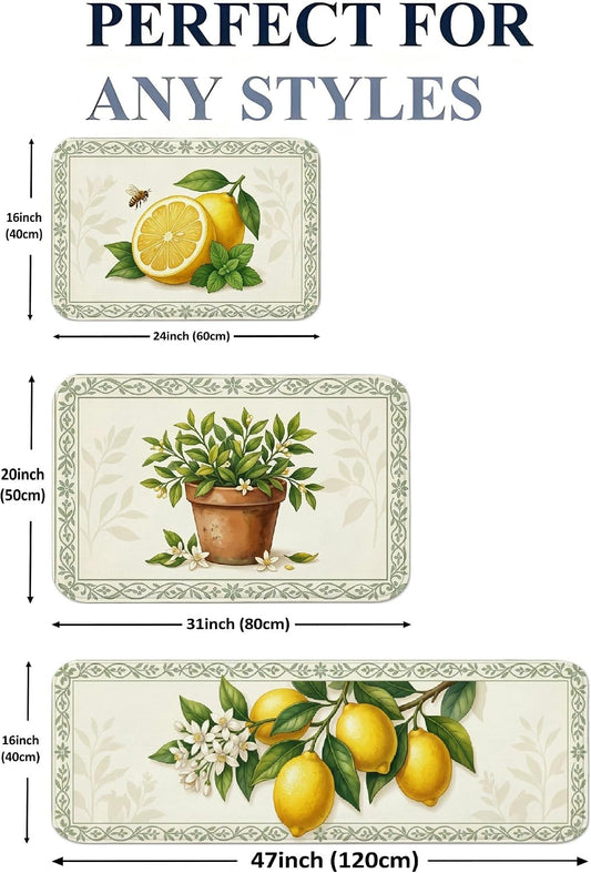 Vintage Floral Kitchen Mats for Floor, Lemon and Olive Branch Design Soft Mats, Spring Cushioned Comfort Washable Decor Rugs for Kitchen Sinks Laundryroom Bathroom 16x47 Inch