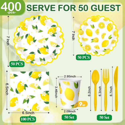 400 Pcs Lemon Party Supplies for 50 Guests Yellow Fruit Flower Shaped Disposable Plate Napkin Cup Spoon Fork Knives for Summer Fruit Birthday Baby Shower Party Supplies(Bright Yellow, Lemon)