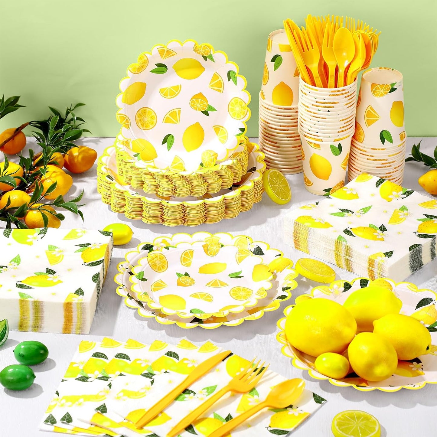 400 Pcs Lemon Party Supplies for 50 Guests Yellow Fruit Flower Shaped Disposable Plate Napkin Cup Spoon Fork Knives for Summer Fruit Birthday Baby Shower Party Supplies(Bright Yellow, Lemon)