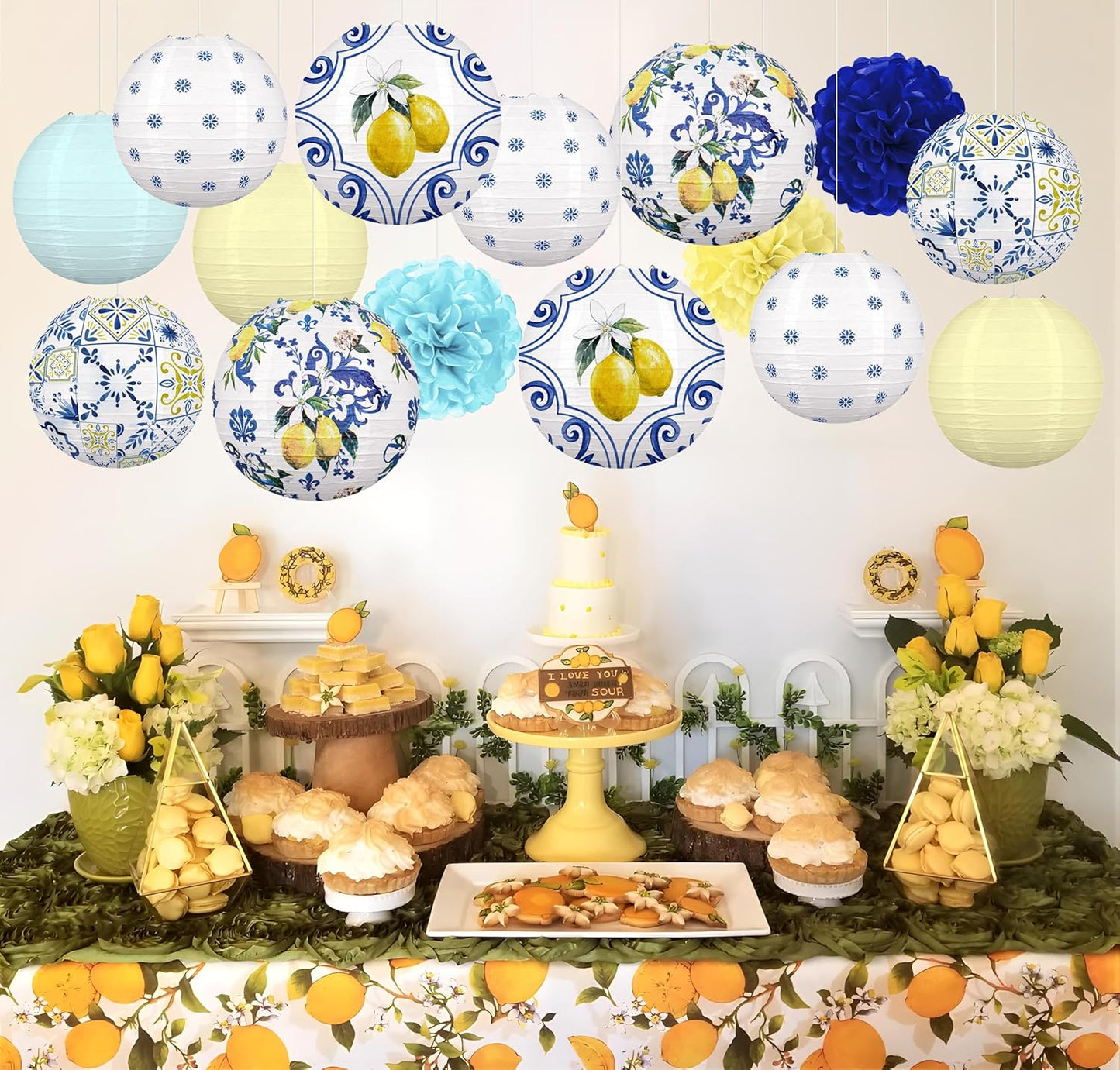 15PCS Lemon Paper Lanterns Party Decorations: Amalfi Coast Capri Yellow Blue Tiles Mediterranean Hanging Decor for Bridal Shower Birthday Wedding Supplies