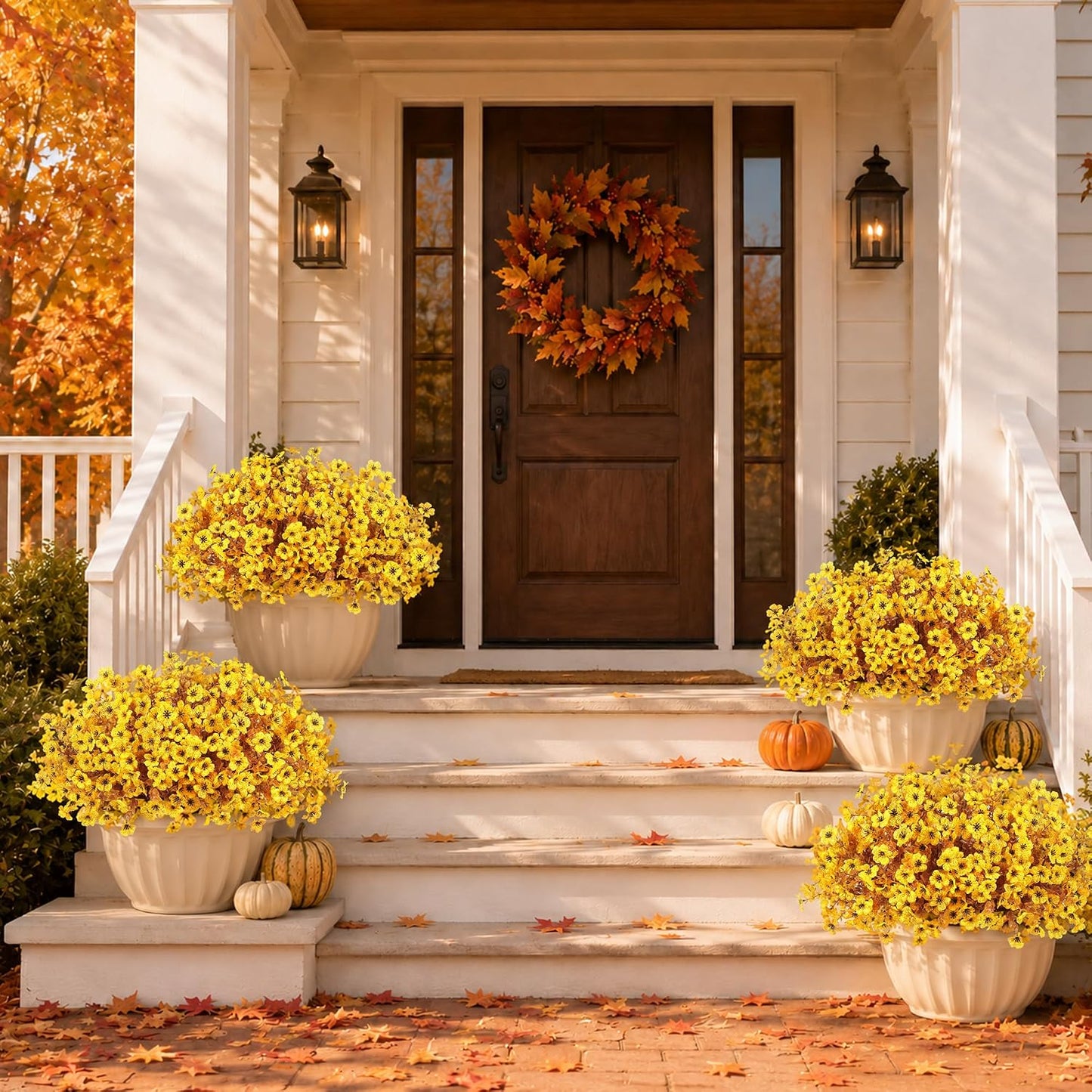 Artificial Faux Mums Flowers Plants for Outdoors Fall Decor,12 Bundles Fake Mums Plastic Silk Flowers Plants for Outside Planters UV Resistant Look Real Front Patio Yard Home Autumn Decorations Yellow