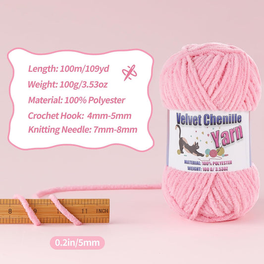 Fluffy Chenille Yarn for Crocheting, Chunky Velvet Yarn for Crochet Amigurumi, Used for Making Baby Yarns Blanket, Clothes, Pattern Knitting Creations (1-Yellow)