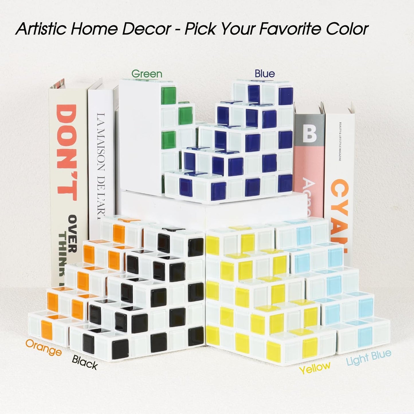 Decorative Bookends for Shelves - Stair Book Ends for Heavy Books - Unique Book Stopper & Holder for Shelves - Modern Home Decor Aesthetic Bookshelf Decor (Yellow & White)