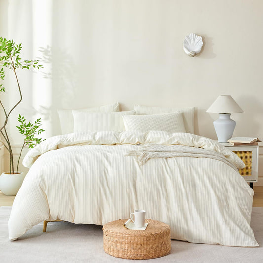 King Comforter Set Beige Striped 100% Soft Washed Microfiber Jacquard 3 Pieces King Striped Bedding Sets Beige Yellow Comforter for All Seasons and 2 Pillowcases Comfort Breathable