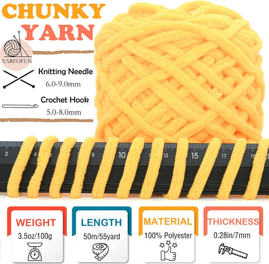 Chunky Chenille Yarn for Crocheting,Yellow Fluffy Velvet Plush Yarn Thick Soft Chunky Chenille Yarn Baby Blanket Yarn for Crocheting Knitting Beginners 100g(Chicken Yellow