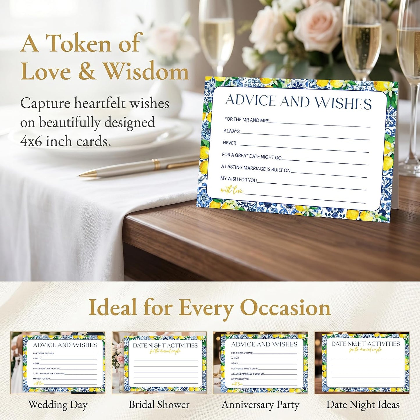 Advice and Wishes Cards for Mr and Mrs, Mediterranean Lemon Wedding Advice Cards Double-Sided, 25 Pcs Italian Blue Bridal Shower Game for Newlyweds, Date Night Activities & Reception Decorations -A08