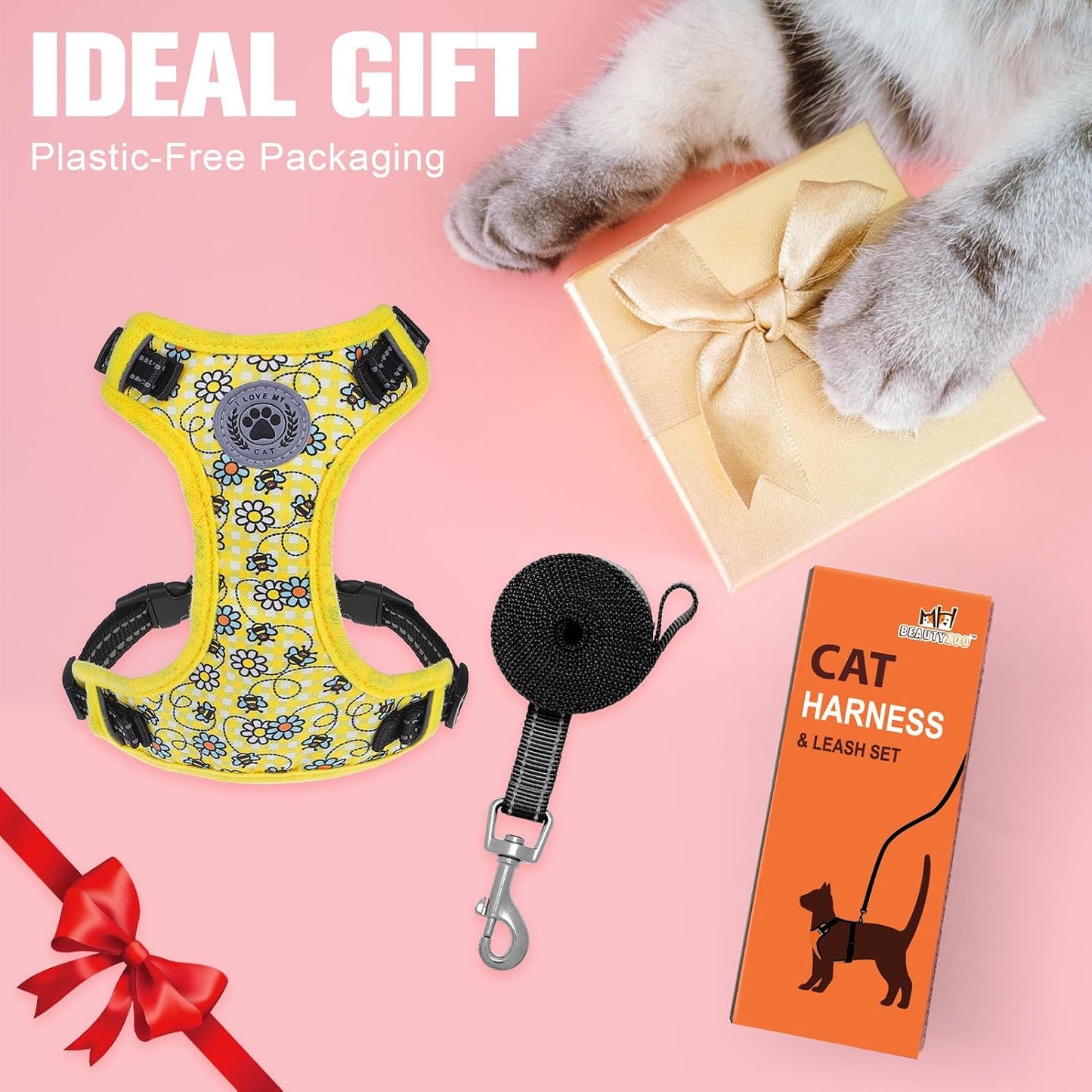 Cat Harness and Leash Set, Escape Proof and Adjustable, Yellow | Safe Reflective Strip, Soft Breathable Mesh, 5FT Step-in Walking Vest, Lightweight for Outdoor Travel, Bee, Small