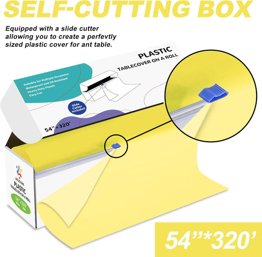 54IN X 320FT Plastic Table Cover Roll with Cutter Box, Cut to Size Plastic Table Cloths for Parties, Birthday, Disposable Tablecloth Roll for All Shape Tables (Light Yellow, 54 Inch X 320 Feet)