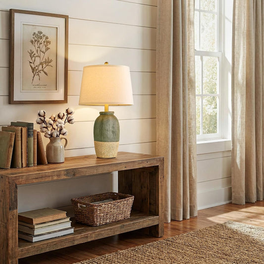 22.5" Hand-Textured Vintage Ceramic Table Lamp, Single Rustic Farmhouse Bedside Lamp with Linen Shade, Boho Lamp for Bedroom Living Room Nightstand Side Table Home Decor, Green&Earthy Yellow