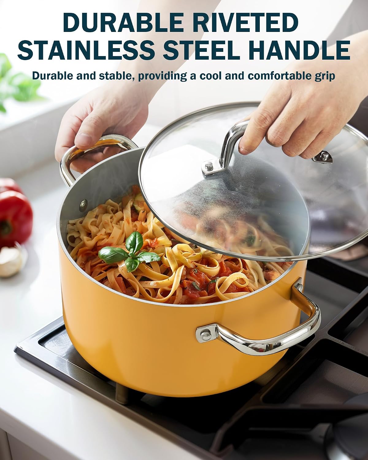Classic Nonstick Cookware Set, Pots and Pans Cookware Set with Glass Lids and Comfortable Handles, Induction Compatible, 10-Piece, Yellow