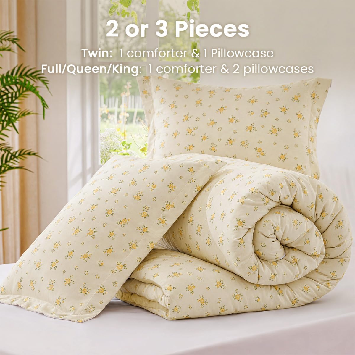 Yellow Queen Comforter Set - Floral Comforter Set Queen Size, Quilt Bedding Set 3 Pieces, Soft & Lightweight Comforter(90‘’ x 90‘’) & 2 Pillowcases(30‘’x20‘’)