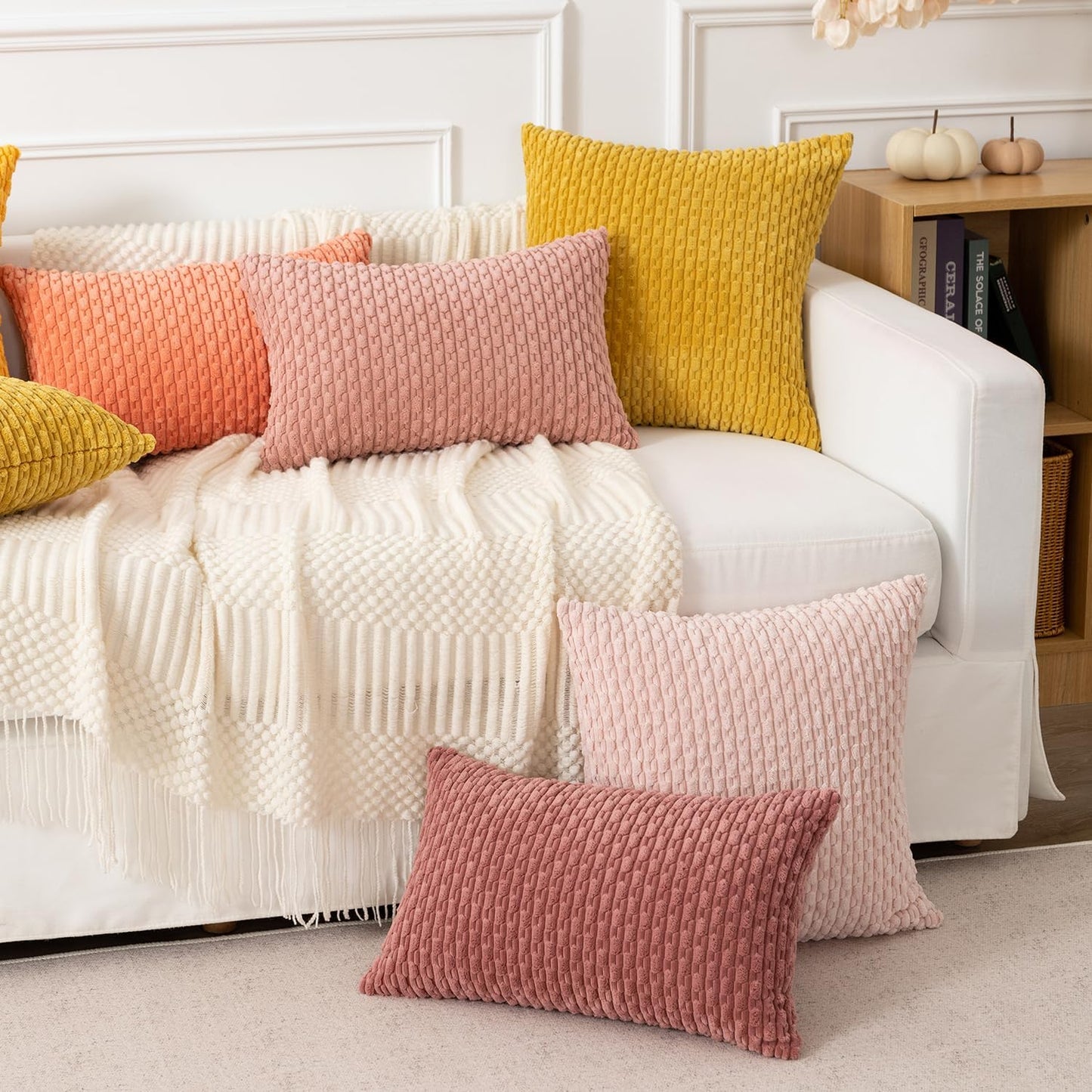 Soft Corduroy 14"x20" Pillow Cover 1 Pack, Mustard Yellow | Boho Stripe Plush Corduroy Decorative Oblong Cushion Cover Modern Farmhouse Home Decor for Sofa Couch Bed Chair