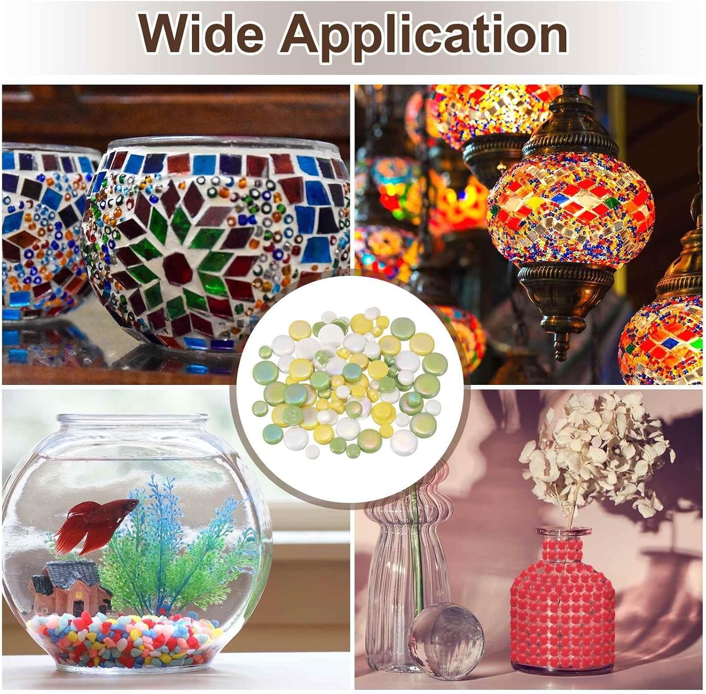100g Round Mosaic Tiles for Crafts, Multi-Size Iridescent Mosaic Glass Bulk for DIY Art, Home Decoration, Vases, Mugs, Flower Pots (Mixed Yellow Green)