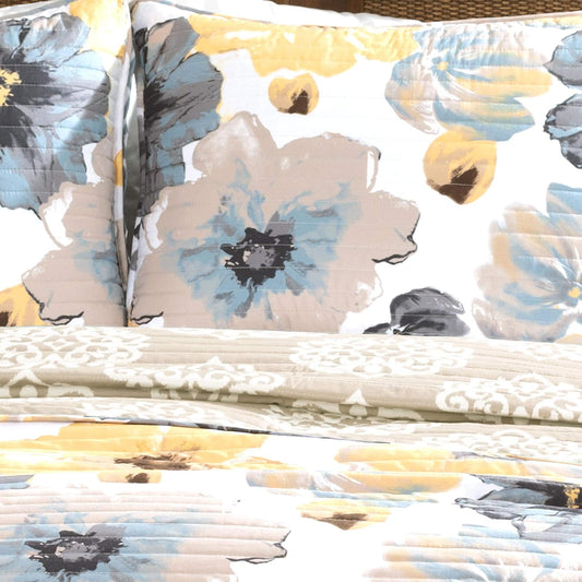Leah Reversible Floral Quilt Set, 3 Piece Set, King, Yellow & Gray - Watercolor Botanical - Cottage Core - French Country Decor- Bedding Queen Size