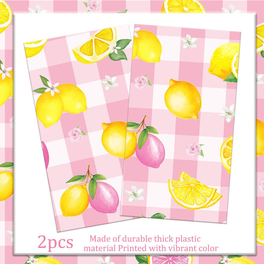2Pcs Pink Plaid Lemon Disposable Plastic Tablecloths, Waterproof Yellow Citrus Grapefruit Floral Print Table Covers for Summer Lemonade Girl Birthday Bridal Shower Tropical Pool Party Table Decor Supp