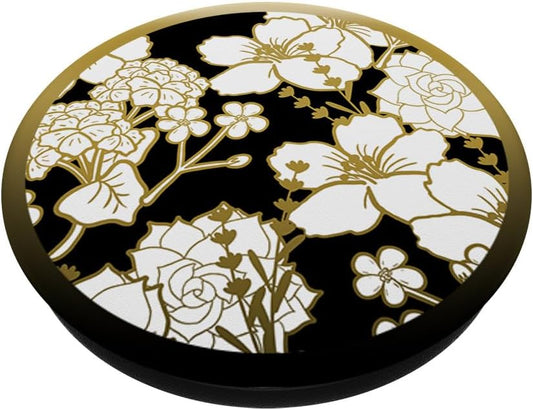 Yellow On Black Flowers Outline Pattern Vintage Floral Art PopSockets Swappable PopGrip