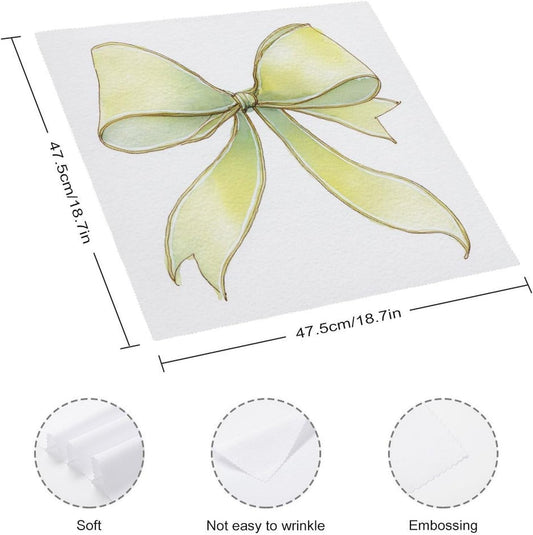 Simple Soft Pastel Yellow Watercolor Ribbon Bow Cloth Napkins Set of 6, Square Premium Reusable Washable Polyester Table Linen Napkin for Dinner Party
