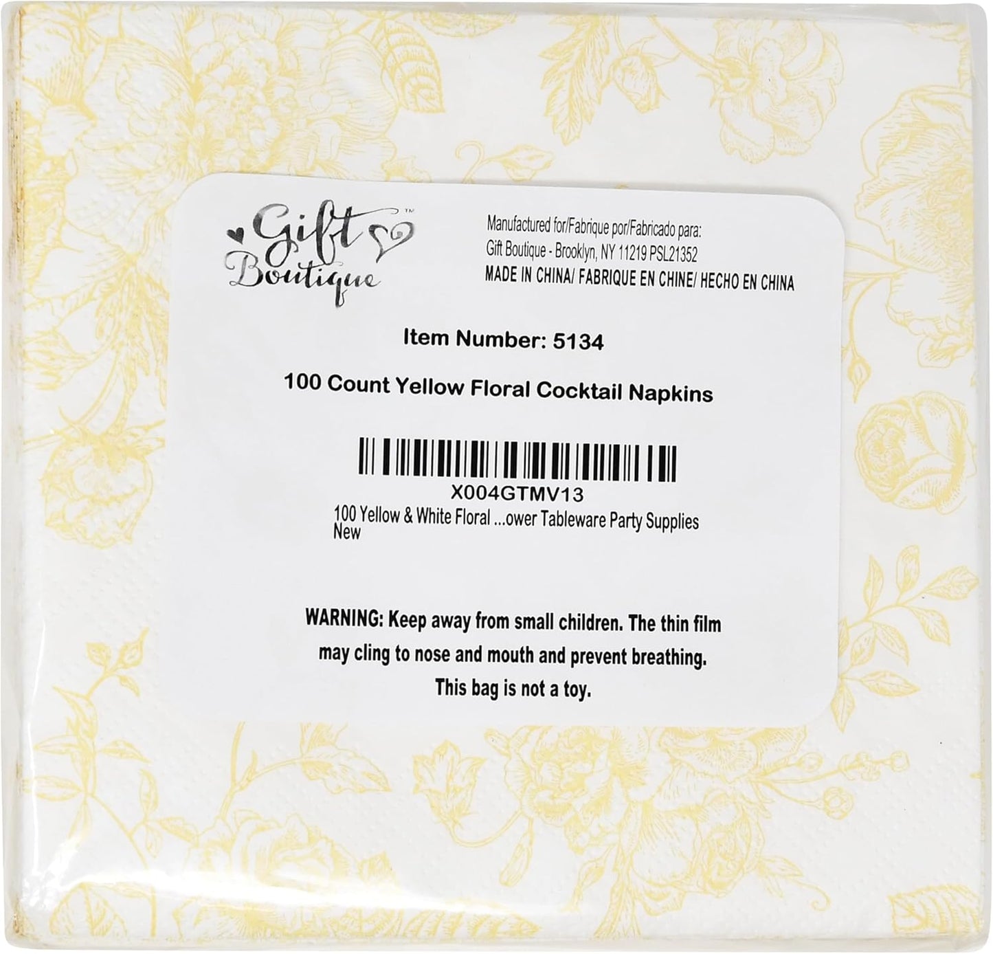 Yellow Floral Cocktail Napkins 100 Pack Spring Beverage Party | Disposable 3 Ply Paper Napkins With Elegant Yellow Floral Design for Weddings, Birthdays, Showers, Holidays, and Desserts.