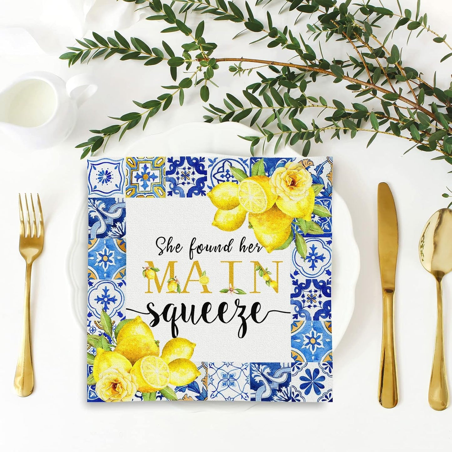 80Pcs Blue Tiles Lemon Paper Napkins She Found Her Main Squeeze Disposable Luncheon Napkins Dessert Dinner Hand Napkin for Summer Bridal Shower Bachelorette Party Supplies Decoration