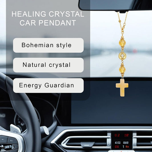Citrine Cross Car Hanging Ornament for Rear View Mirror | Natural Stone Car Mirror Hanging Decor with Gold Chain, Handmade Auto Accessory for Women and Men