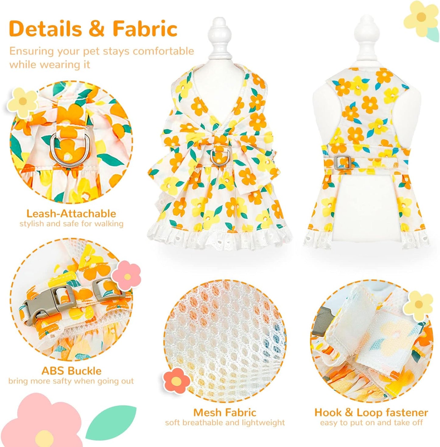 Dog Harness Dress Leash Set for Small Dog Summer Clothes Girl Female Puppy Cats Outfits Cute Floral Bowknot Princess Birthday Dress for Extra Small Pet Doggie Kitten Outfits Apparel(Yellow,XS)