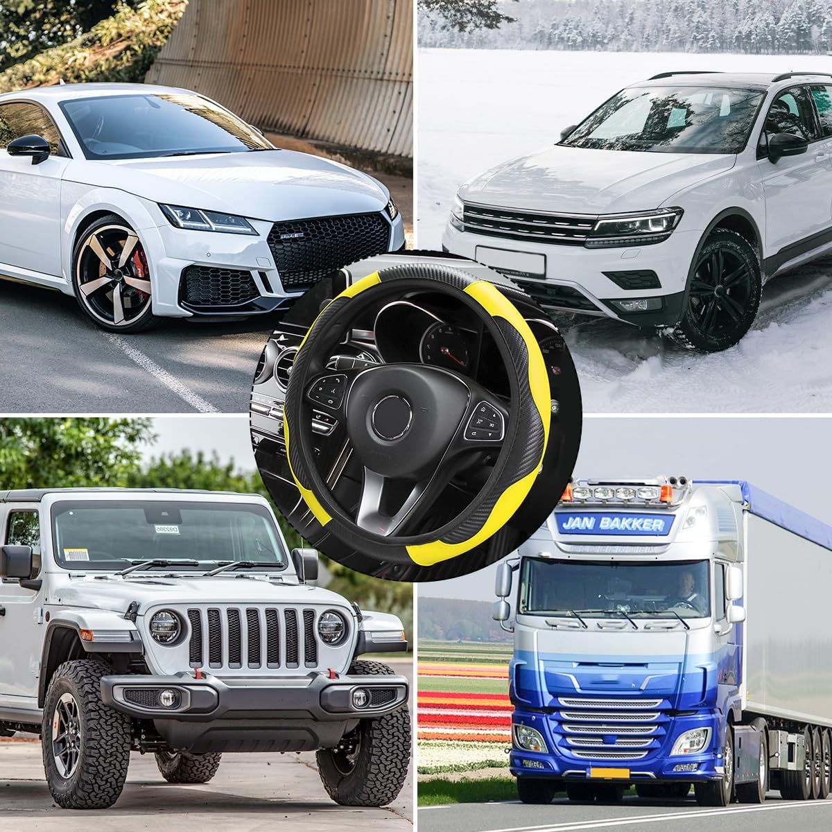 15 Inch Carbon Fiber PU Leather Steering Wheel Cover, Yellow | full-wrap protective surface, flexible ringless design, hand-stretch setup, fits matching rim sizes, automotive accessories