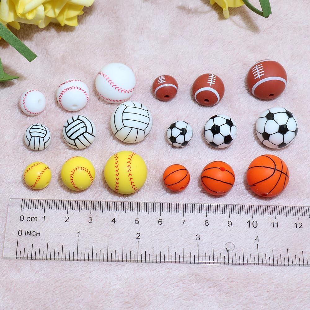 36pcs 12mm Yellow Baseball Silicone Beads for Keychain Making Bracelets | Sports Focal Silicone Loose Beads for Bracelet Necklace DIY Craft Jewelry Making Supplies