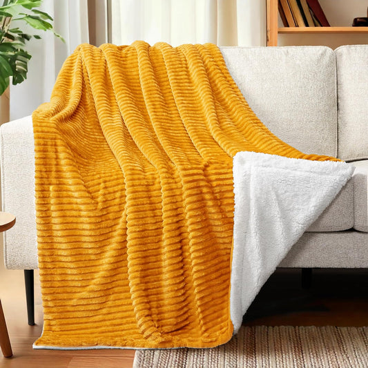 PAVILIA Mustard Yellow Sherpa Fleece Throw Blanket for Couch, Soft Plush Fuzzy Blankets, Fluffy Flannel Sherpa Blanket for Sofa, Warm 3D Ribbed Winter Blanket Gift, 50x60 inches
