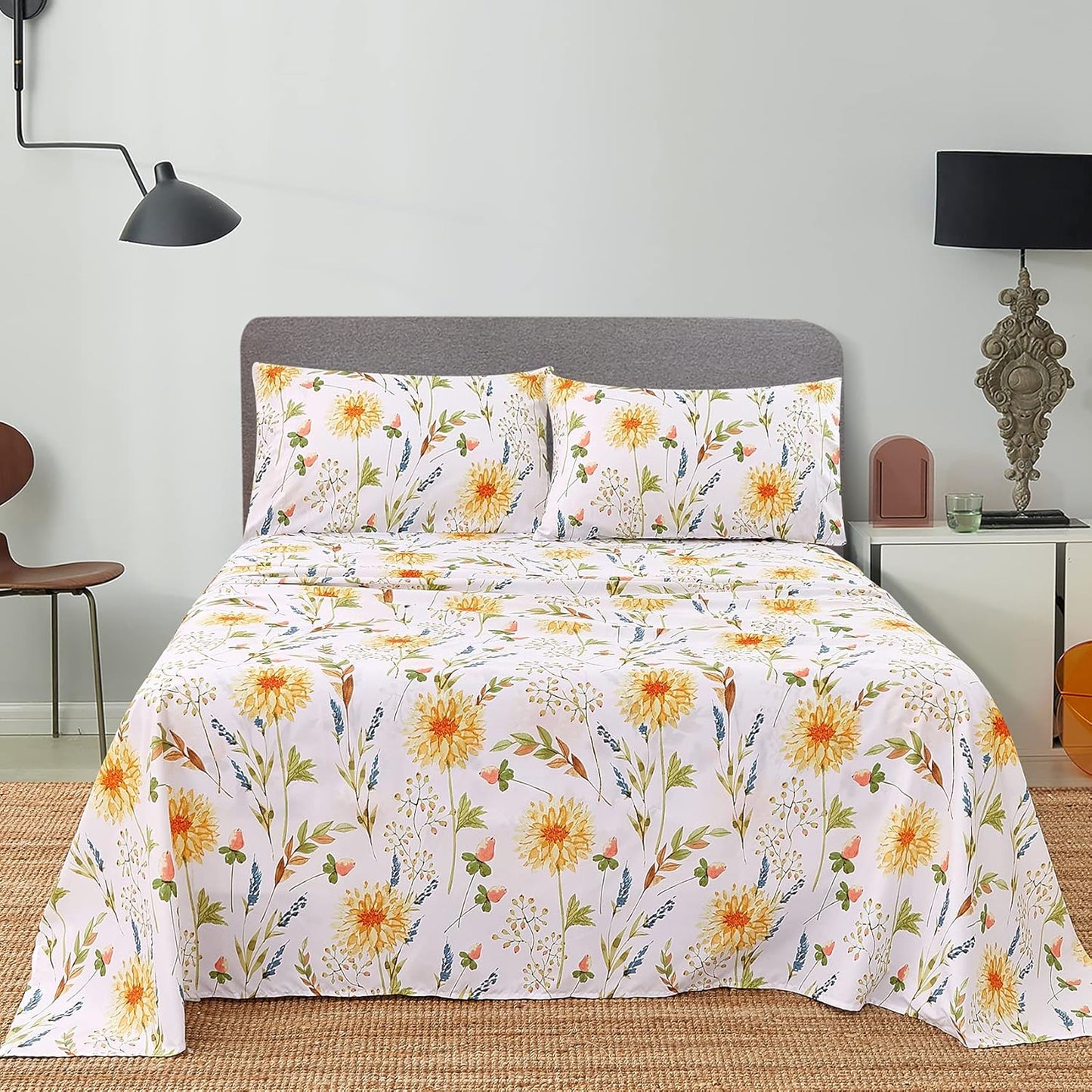 Boho Floral Printed Queen Sheet Set Extra Deep Pocket | 4 Piece Soft Botanical Microfiber Sheets, OEKO-TEX Certified, Easy Care