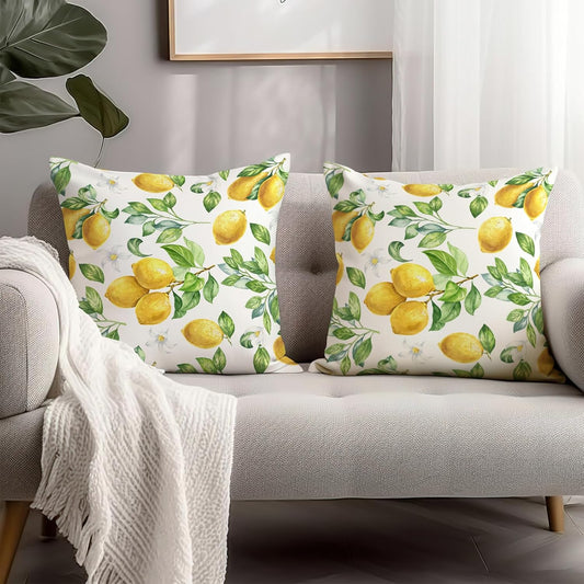 Yellow Lemon Pillow Covers 18x18 Set of 2 - Spring Fruit Leaves Case Green Watercolor Decorative Throw Summer Pillowcase Square Cushion Cover for Sofa Bed