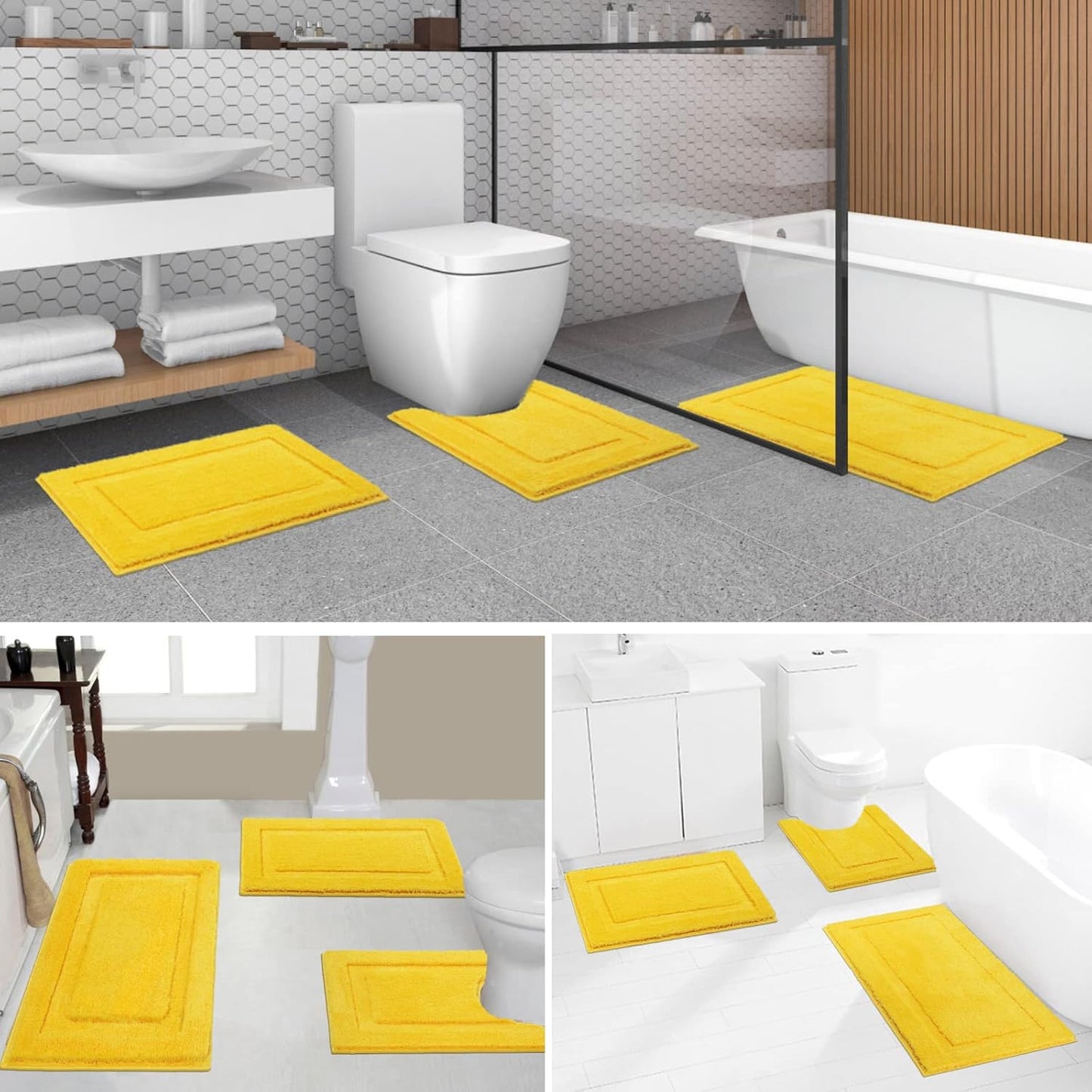 Yellow Bathroom Rugs Sets 3 Piece Bath Mat U Shaped Toilet Rug | 20x32+ 16x24+ 20x24, Soft Fluffy Microfiber Bath Rugs Set, Non Slip Washable Absorbent Bathroom Floor Mats Carpet Shower Rug
