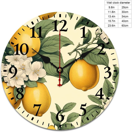 Wooden Wall Clocks Yellow Lemon Farmhouse Round Wooden Decorative Battery Operated Quartz Analog Quiet Watercolor Lemon with Green Leaves Pattern Wall Clock 16 Inch Home/Office/Kitchen Decor