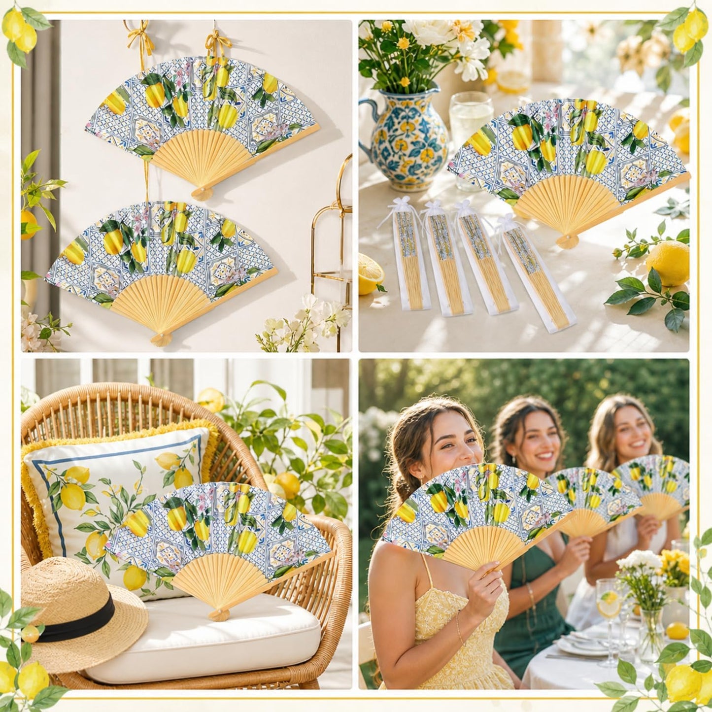 51 Pcs Wedding Favors for Guests Bulk 25 Wedding Foldable Hand Fans Capri Lemon Handheld Paper Fans with 25 Organza Bags and a Table Sign for Bridal Shower Favor Appreciation