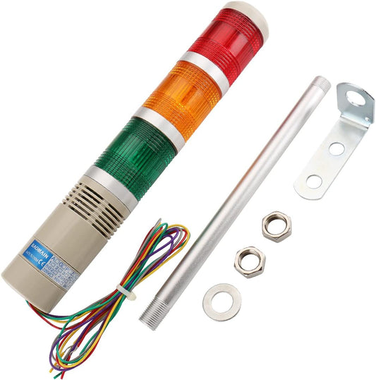 24V DC Industrial Signal Tower Light with Buzzer, Red Yellow Green LED Continuous Warning Lamp, LTA-502TJ Safety Alarm Beacon for Machinery and Factory Use