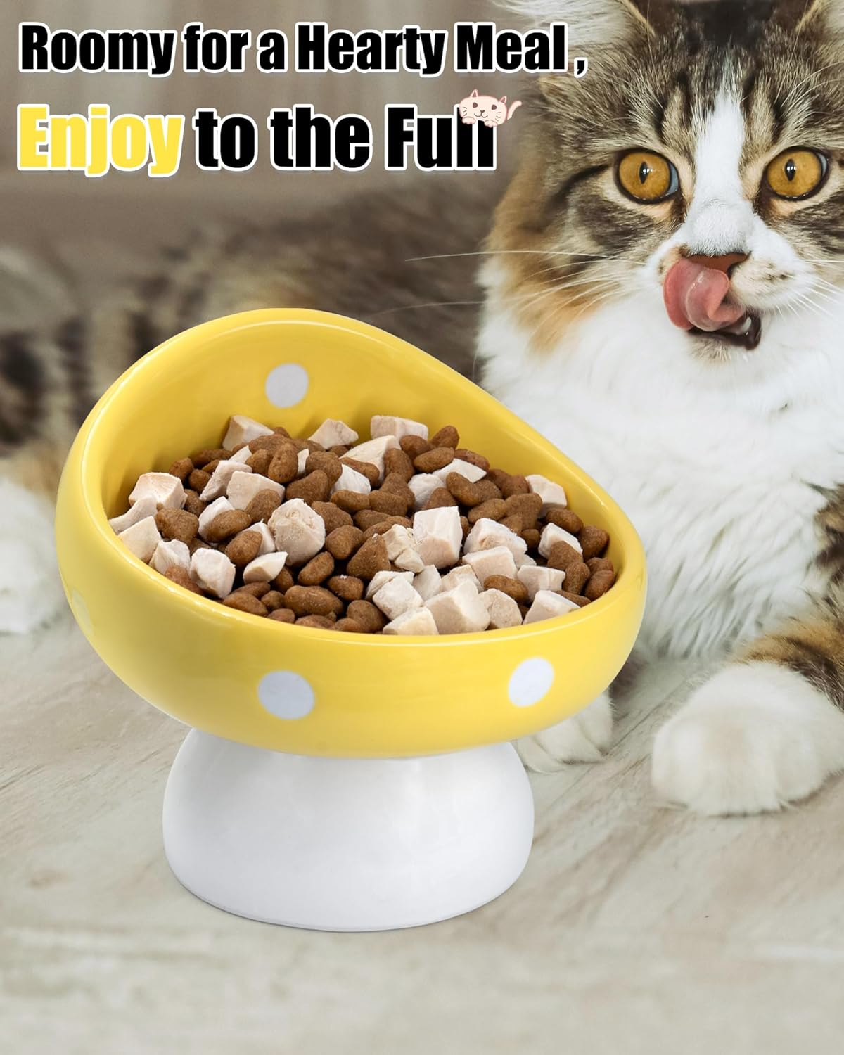 Raised Ceramic Cat Bowl, Mushroom Cute Elevated Cat Bowls Whisker Friendly, Premium Food-Grade Ceramic, Yellow