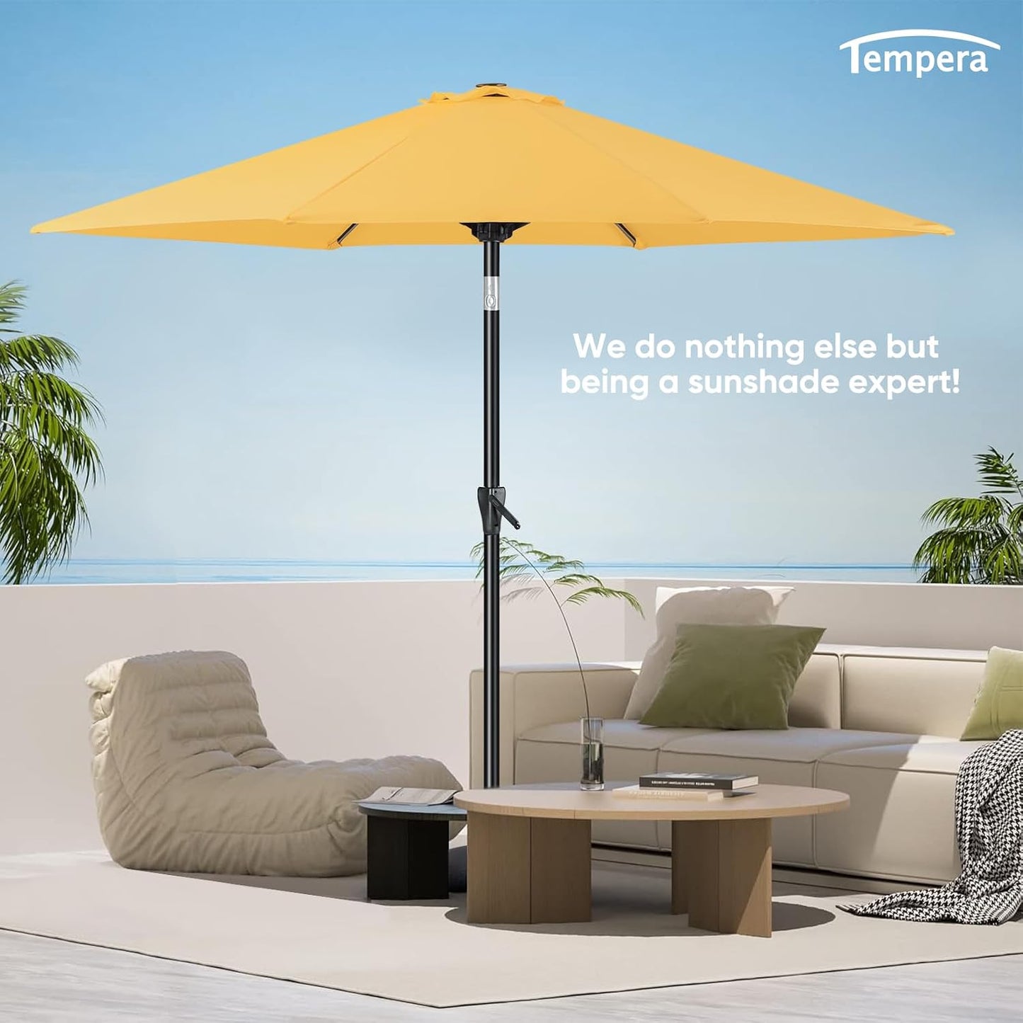 Tempera Patio Market Outdoor Table Umbrella with Push Button Tilt and Crank, Large Sun Umbrella with Sturdy Pole & Fade Resistant Canopy, Easy to Set