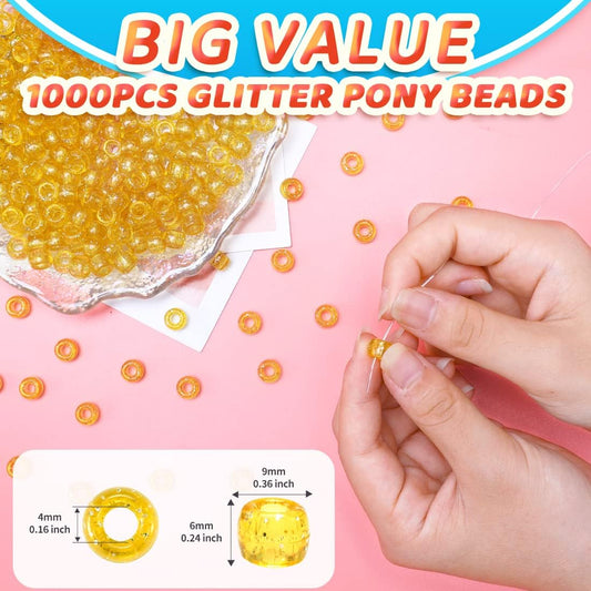 Glitter Pony Beads(1000pcs Dark Yellow Glitter), Beads for Jewelry Making, Beading Supplies, Arts & Crafts Materials for Jewelry Making.